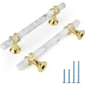 Rergy Cabinet Handles Marble Drawer Pulls and Knobs, 10Pack White Marble & Gold 3-3/4inch Hole Center, T-Bar Hardware for Kitchen Dresser Zinc Alloy Furniture