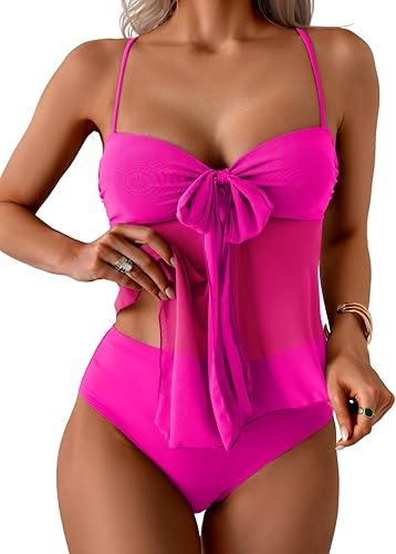 B2prity Womens Mesh Tankini Swimsuits Flowy Two Piece Bathing Suit V Neck Tie Knot Swim Top with High Waisted Bottom Red,  Size medium