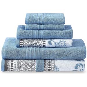 Modern Threads 6 Piece Set, 2 Bath Towels, 2 Hand Towels, 2 Washcloths Yarn Dyed Jacquard/Solid Towel Set Ophelia Blue (Medium)