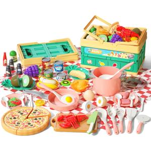 80pcs Pretend Play Kitchen Set for Toddlers, Kids Cookware Playset with Pots/Pans/Food/Fruits/Vegetables/Picnic Blanket/Storage Basket, Pink Educational Learning Toy Gift for Boys & Girls