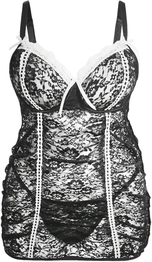 Verdusa Women's Plus Size 2 Piece Lace Lingerie Set Criss Cross Cut Out Cami Dress with Thong (Black, XXXL)