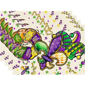 XCHI Doughnuts Iris Fleur De Lis Hat Mardi Gras Placemats Set of 4 Carnival Table Mats for Masquerade Party Home Kitchen Dining Table Decorations 12x18 Inch
