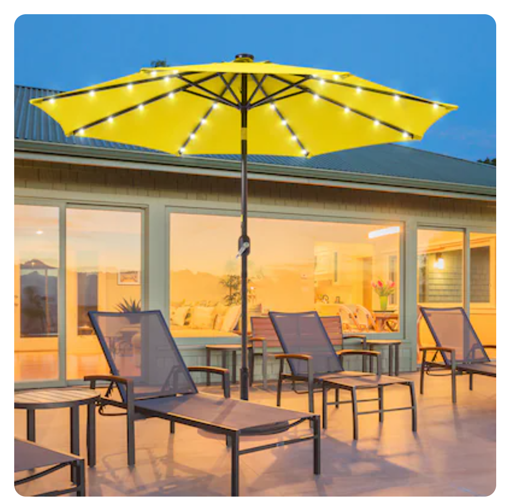 JEAREY 9FT Outdoor Patio Umbrella with Solar Lights, LED Lighted Pool Umbrella with Tilt and Crank, Outdoor Table Umbrellas for Deck, Yard & Market (Lemon)