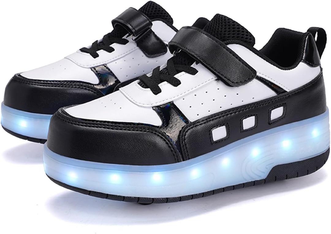Roller Skate Shoes for Boys and Girls Kids LED Light Up Fashion Sneakers with Rechargeable and Detachable Wheels The Gift for Party Birthday Christmas Day (Black, S)