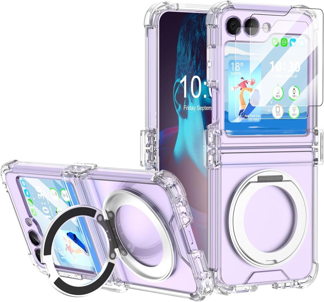 Designed for Galaxy Z Flip 6 Case Magnetic with Hinge Protection & Kickstand & Built-in 2 Screen Protector for Samsung Flip 6 Case Clear Protective Phone Cover for Z Flip 6 (Crystal)