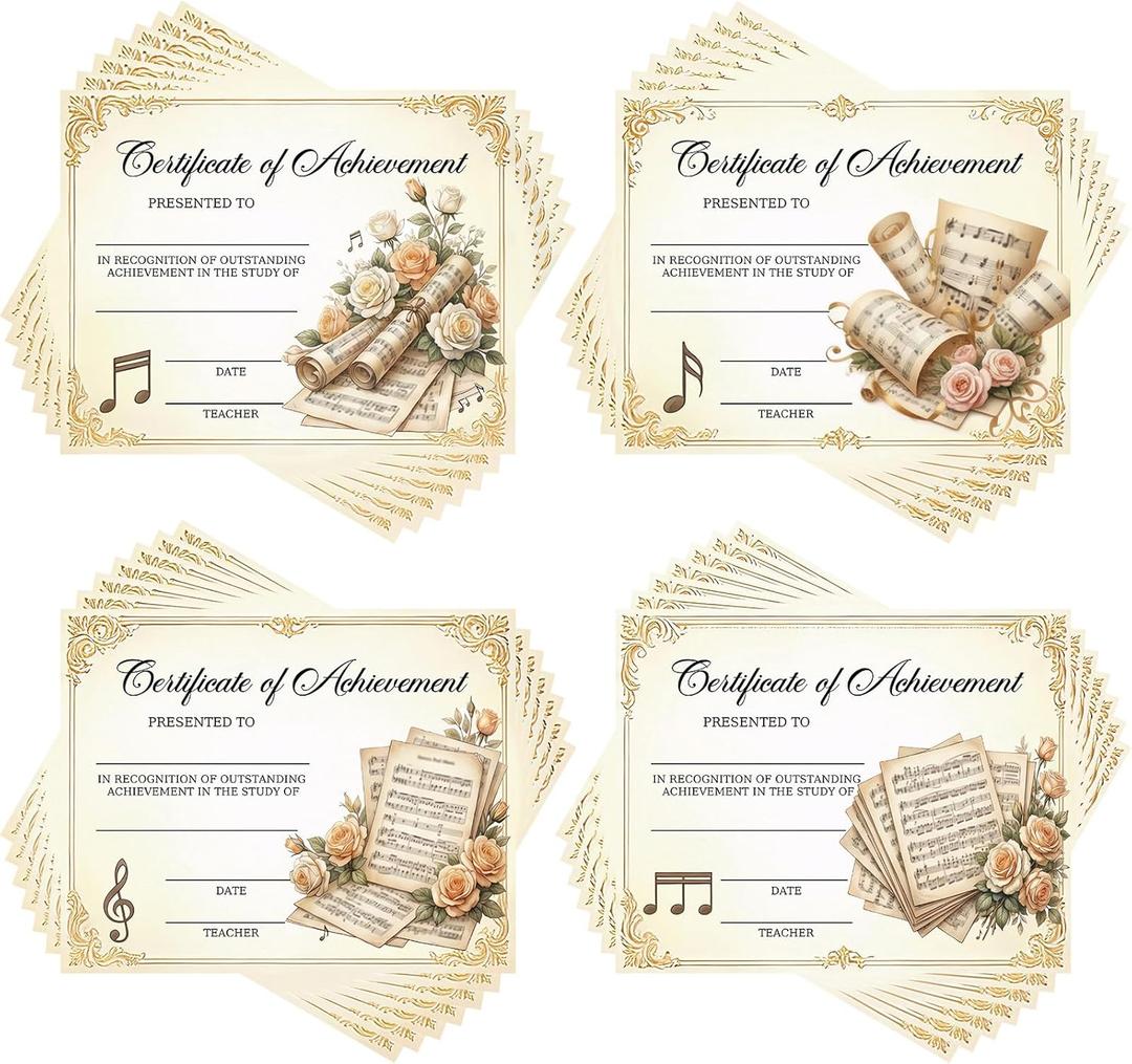 100 Pcs End of Year Award Certificates Certificate of Achievement 4 Design of Recognition for Students School Graduation Ceremony Certificate Achievement Awards(Music)