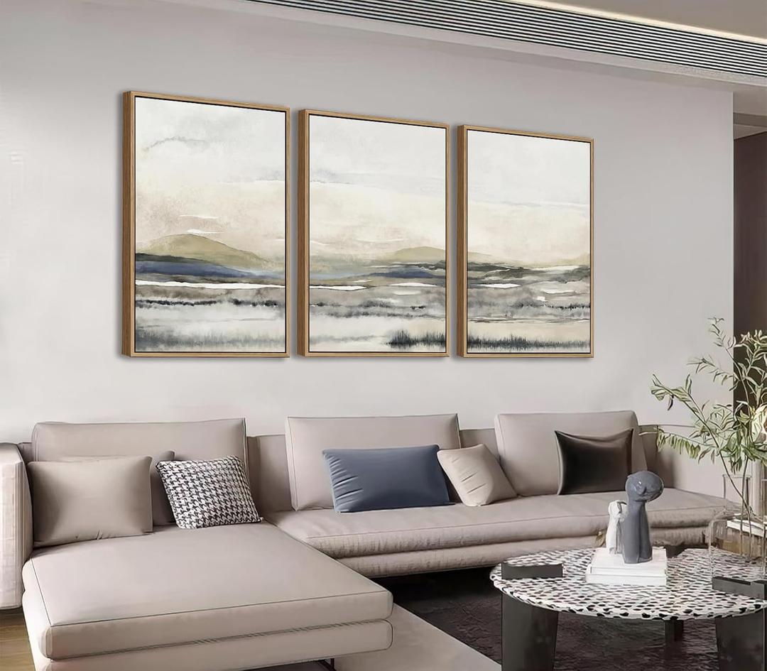 Shoci Large Framed Neutral Abstract Wall Art Modern Gray Plain Canvas Artwork Natural Float Framed Minimalist Grey Green Mountain Lake Prints Decor for Living Room Bedroom Office 24X36 Inch Set of 3