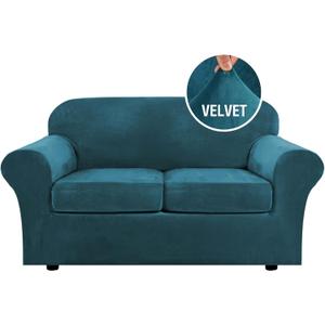 H.VERSAILTEX Real Velvet Plush 3 Piece Stretch Sofa Covers Couch Covers for 2 Cushion Couch Loveseat Covers Width Up to 72 Inch Feature Thick Soft Stay in Place (Medium Sofa, Deep Teal)