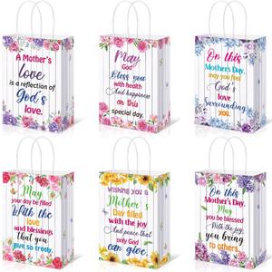 Kolldenn 12 Pack Religious Mother's Day Gift Bags Bulk, Small Paper Treat Goodies Sacks Party Favors Bag with Handle & Floral for Mom Grandma Christian Church Sunday School Party Supplies, 6x3x8