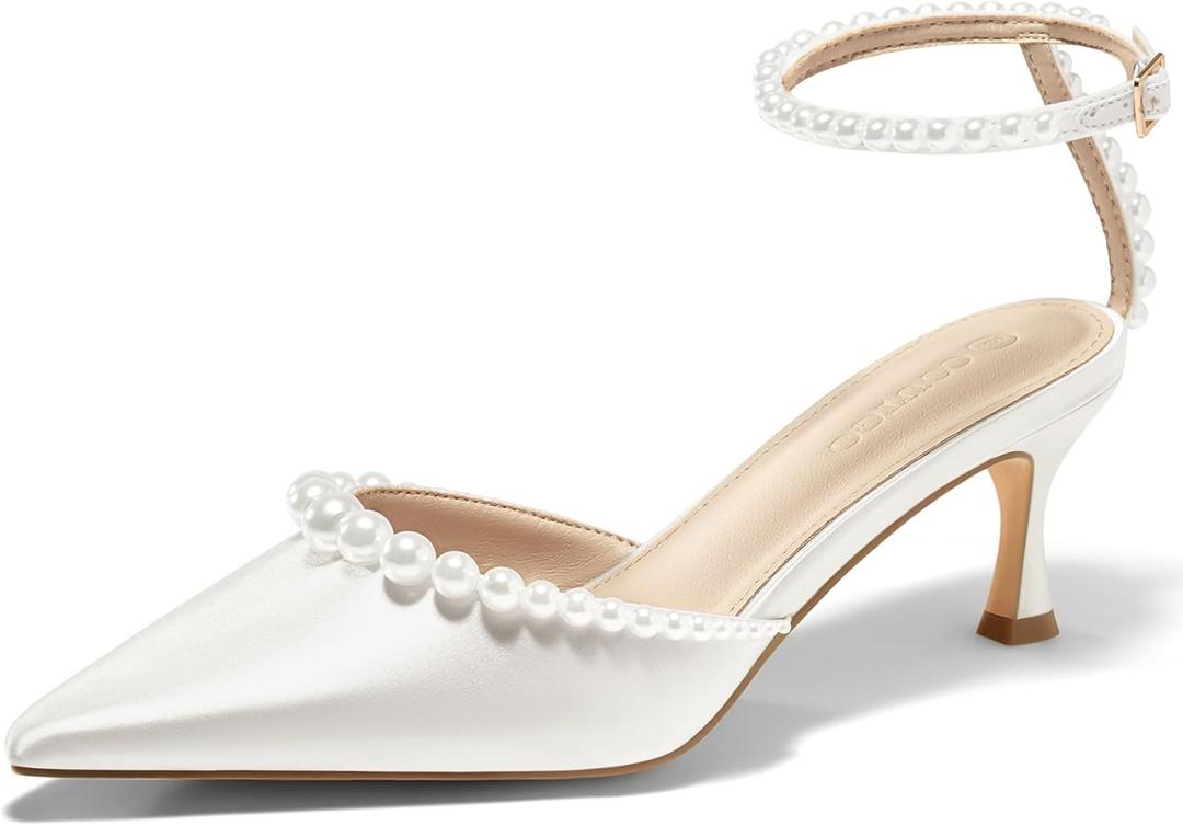 Coutgo Womens Pearl Kitten Heels Closed Pointed Toe Wedding Bride Dress Shoes Ankle Strap Satin Pumps (7, White)