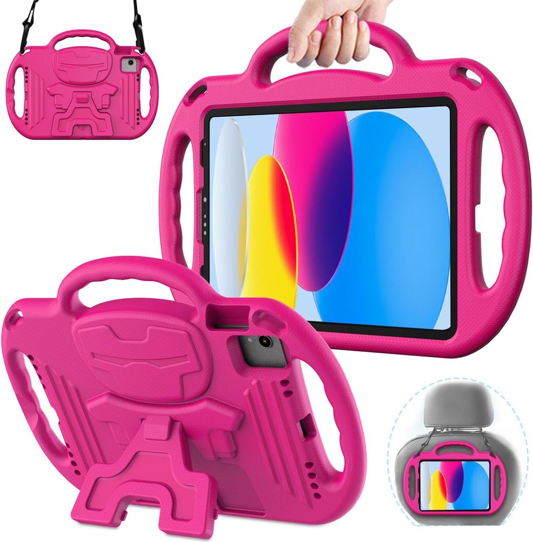 AVAWO Kids Case for iPad (A16) 11th Generation 11 Inch 2025 & iPad 10th Generation 10.9" 2022, iPad Air M4/M3 2026/2025 Shockproof Rugged Protective with Shoulder Strap/Handles/Kickstand Cover, Rose