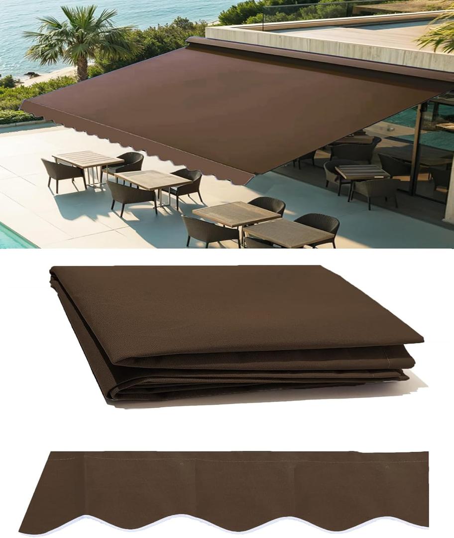 12' x 10' Retractable Patio Awning Replacement Fabric Cloth, Durable Exterior Sunshade Canopy Cloth, Reinforced Multi-Purpose Waterproof Protective Awning Cover, Brown