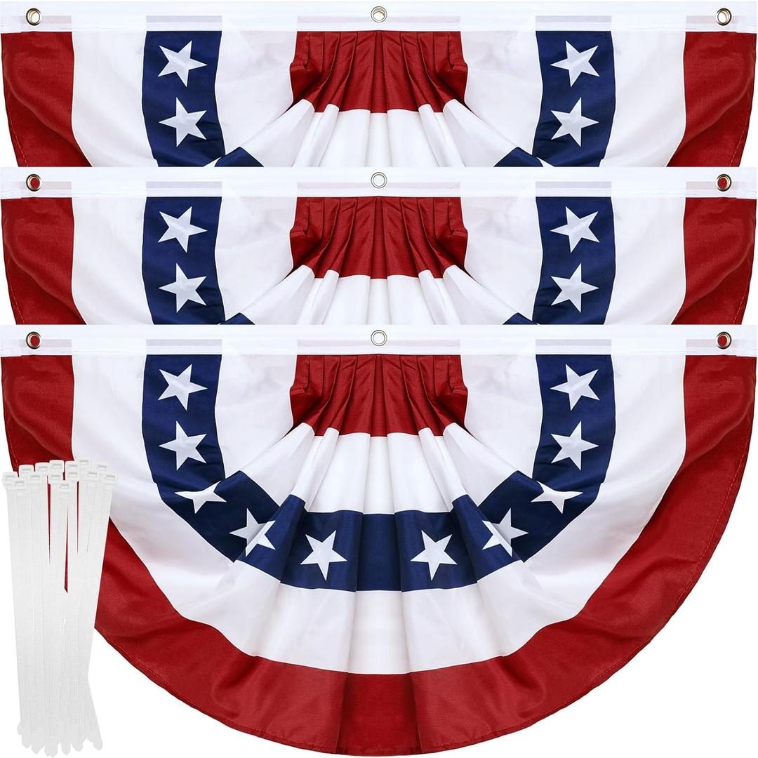 3 Pack American Pleated Fan Flag, 3 X 6 FT American Bunting with Brass Grommets and Zip Ties, Patriotic Half Fan Banner Flag Decor, Memorial Day 4th of July Decoration Outdoor