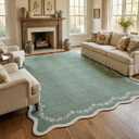 GarveeHome 5x7 Scalloped Area Rug Sage Green Washable Rugs for Living Room Bedroom, Soft Low Pile Non Slip Accent Floor Mat Solid Floral Print Throw Rug Indoor Carpet for Dorm Playroom
