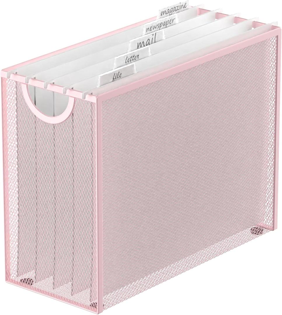Sinboun Hanging File Organizer Letter-Size File Holder Filing Box Includes 5 Hanging Folders - Metal Mesh Magazine Letter Storage Cabinets File Cart for Office Home School, No Assembly Required Pink