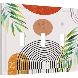 Modern Bohemian Abstract Green Leaf Triple Toggle Decorator Outlet Light Switch Wall Plate Cover Red Boho Sun Middle Century Minimalist Jumbo Decorative 3 Gang Three Device Receptacle Faceplate Cover