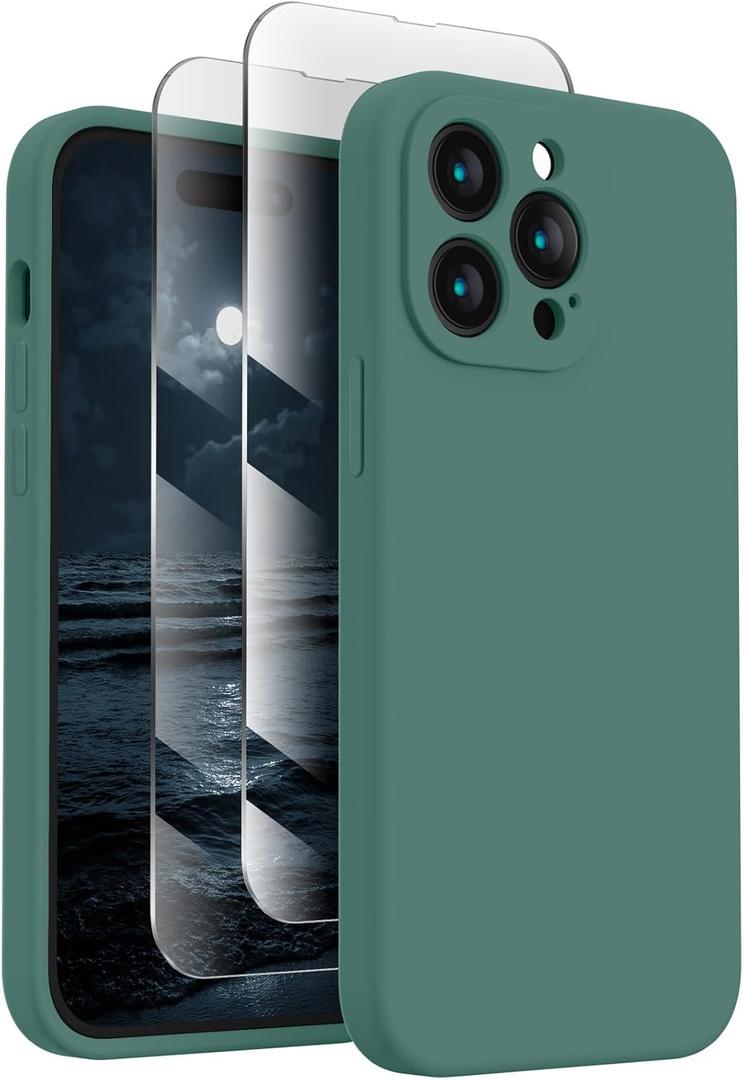 FireNova Designed for iPhone 14 Pro Max Case, Silicone Upgraded [Camera Protection] Case with [2 Screen Protectors], Soft Anti-Scratch Microfiber Lining Inside, 6.7 inch, Midnight Green