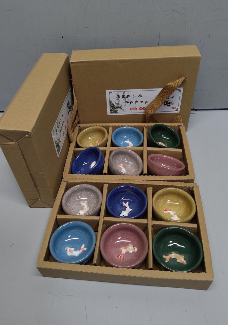 Foraineam 12 Pieces Ceramic Sake Tea Cups, Korean Soju Shot Glasses Sets, 1 oz / 30ml Tiny Sake Cup, Chinese Kungfu Style Teacups Drinkware Handcrafted Tea Accessories with Gift Box Packaging