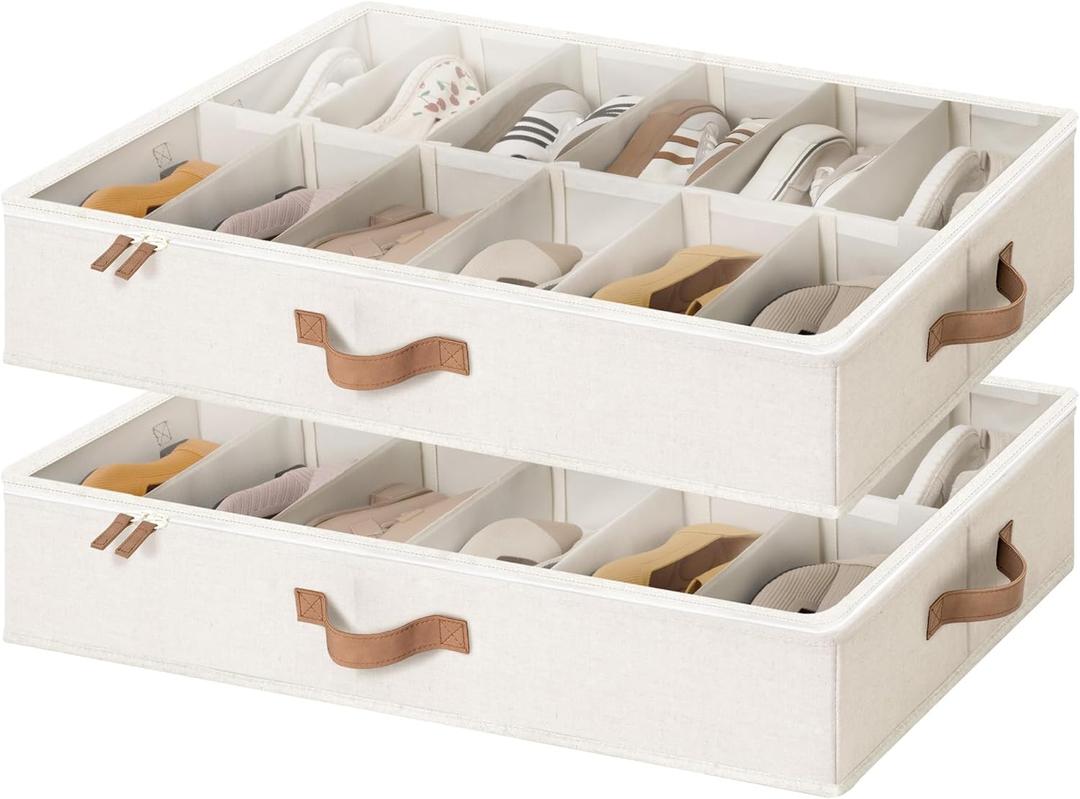 StorageWorks Underbed Shoe Storage Organizer for Closet, 2-Pack Under Bed Shoe Organizer with Bottom Support and Adjustable Dividers, Fits up to 24 Pairs, Beige