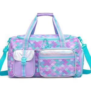 Mermaid Kids Duffle Bag Girls Gym Bag for Girls Kids Travel Dance Bags for Girl Overnight Weekender Bags for Kid with Shoe Compartment (Love Purple Mermaid Blue)