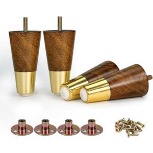 4 Inch Wooden Furniture Legs with Gold Cap Set of 4 Dark Brown Sofa Replacement Solid Wood Furniture Feet for Armchair Couch Cabinet Dresser Ottoman TV Stand Bed Legs (4inch)