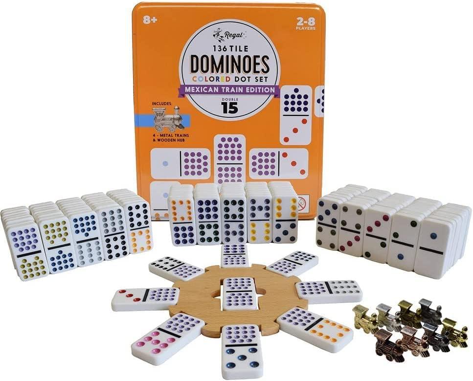 Regal Games Mexican Train Double 15 Dominoes Set for Adults & Kids - Domino Game with 136 Tiles Colored Dots & 8 Metal Trains - 2-8 Player Games & Ideal for Family Fun Game Night and Travel (Ages 8+), Double 15 Dominoes
