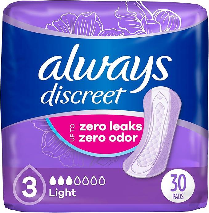 Always Discreet Adult Incontinence Pads for Women, Drier, 3 Drop Regular Length, Light Absorbency, Pads for Bladder Control Management, Bladder Leaks, & Postpartum Pads, 90ct