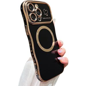 ZONRW for iPhone 15 Pro Max Case Magnetic,for Women Girls Soft Cute Wave Frame Curly Shape Love Heart Luxury Plating Phone Case Compatible with MagSafe Shockproof Back Cover 6.7"-Black