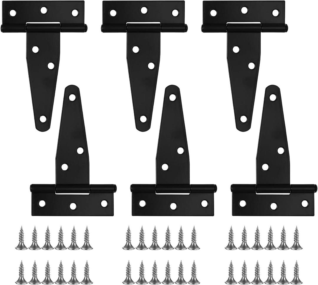6 Pack T Strap Hinges, 3 Inch Shed Door Gate Hinges, Heavy Duty Black Outdoor Tee Hinge for Yard Doors, Barn Doors & Wooden Fences