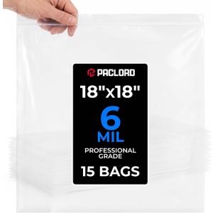 18" x 18" Extra Large Reclosable Plastic Zip Bags, 15 Count | 6 Mil Heavy-Duty Clear Poly Bags, Resealable for Food, Clothes, Hardware, Home & Garage Storage