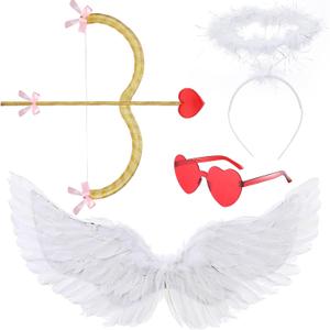 Coume Angel Cupid Costume Set for Kids, Cupid Bow and Arrow Feather Wings Headwear Arrows Bow Heart Rimless Sunglasses for Kids 4-12