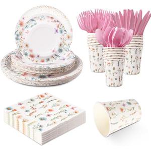 168Pcs Wildflower Party Supplies for 24 Guests Spring Floral Baby Shower Birthday Decorations Disposable Paper Plates and Napkins Knives Spoons Forks Cups for Baby Bridal Shower Birthday Party