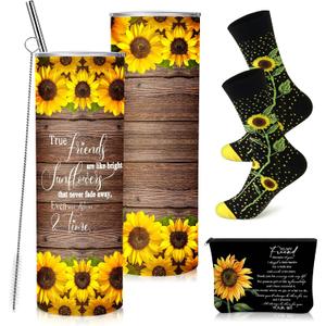 Sieral 3 Pcs Sunflower Gifts for Women Girls with 20 oz Sunflower Tumbler Makeup Bag and Crew Socks Sun Flower Gifts for Teacher Friend Graduation Back to School End of Year Party Favors