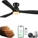 52in Smart Flush Mount Ceiling Fans with Lights,Outdoor Low Profile Wood Ceiling Fan Quiet DC Motor,Work with Alexa/Gg Voice Control/App/Remote,Dimmable,6-speed, Easy Install for Patio,Porch,Black