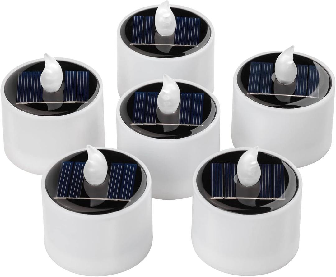 6 Pack Warm White Outdoor Waterproof Solar Powered Tea Lights, Rechargeable Flameless Flickering Solar Votive Candles Battery Operated, Reusable LED Candles for Garden Lanterns Decorations