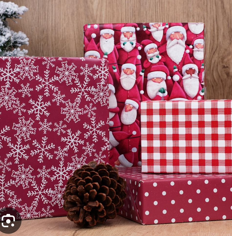 LaRibbons Christmas Wrapping Paper Set, Classic Santa & Snowflake & Plaid Design with Gift Bow & Ribbons & Tags, Perfect for Holiday, Season Party, 30 Inch X 10 Feet (4Rolls, 100 sq.ft.ttl.)