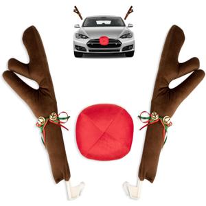 Car Reindeer Christmas Decoration Kit Antlers Nose for Window Roof-Top & Front Grille,Christmas Reindeer Auto Holiday Accessories Decoration Set for Car SUV Van Truck (Brown)
