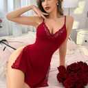 CRIPOM Babydoll Lingerie for Women Sexy Nightgowns Lace Chemise Cute Sleepwear Cami Nightie Modal with Side Slits (Red, XL)