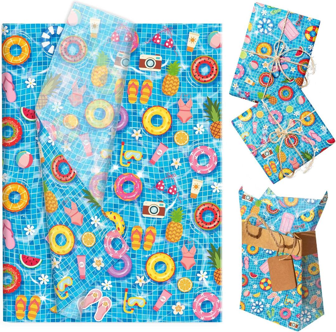 50 Sheets Swimming Pool Tissue Paper, Swimming Circle Fruit Slippers Pattern Wrapping Tissue, 14 x 20 Inches Summer Pool Theme Decorative Paper for Summer Beach Pool Party, Hawaiian Gifts Supplies