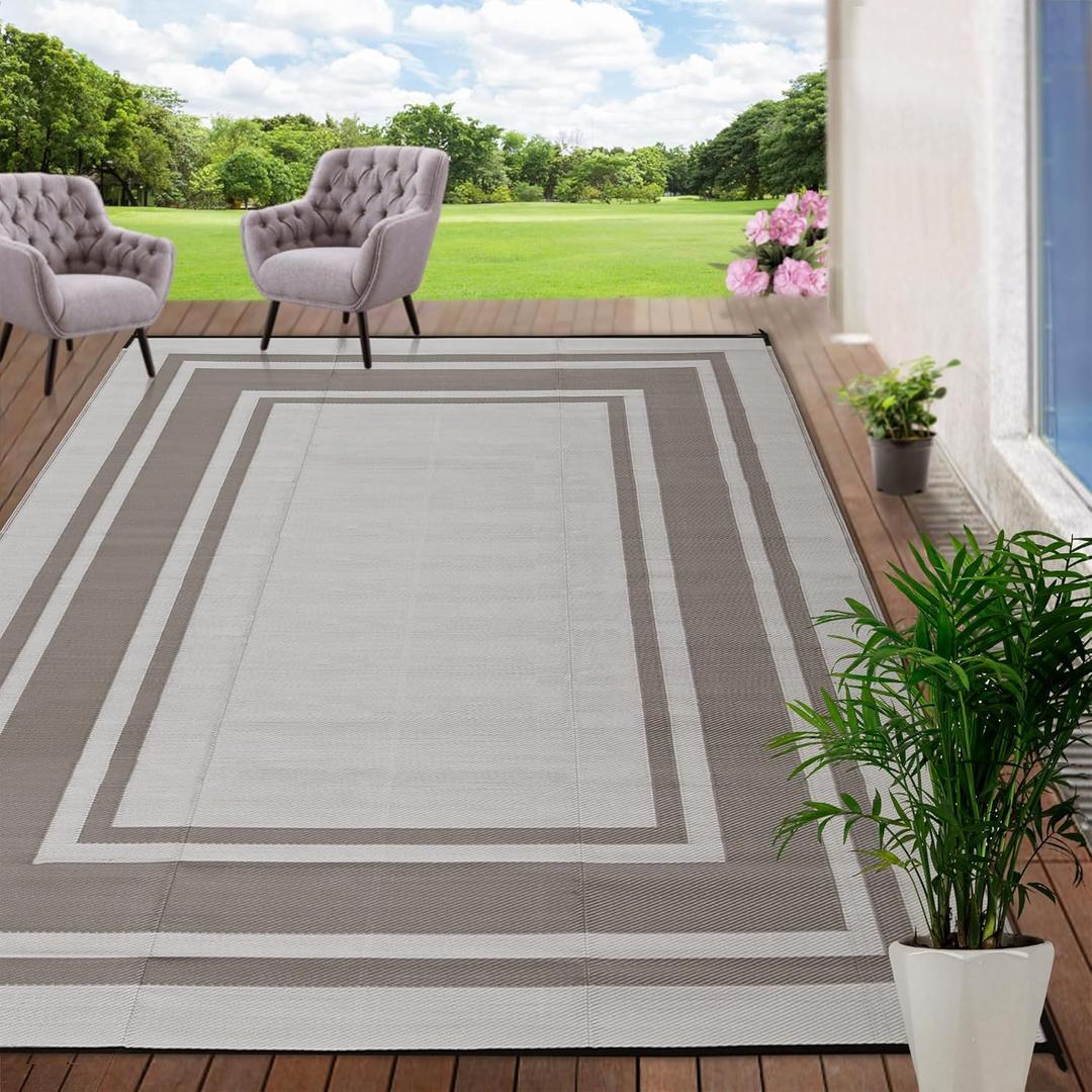 RURALITY Outdoor Rugs 8x10 Waterproof for Patios Clearance, Plastic Straw Mats for Backyard, Porch, Deck, Balcony, Reversible, Geometric