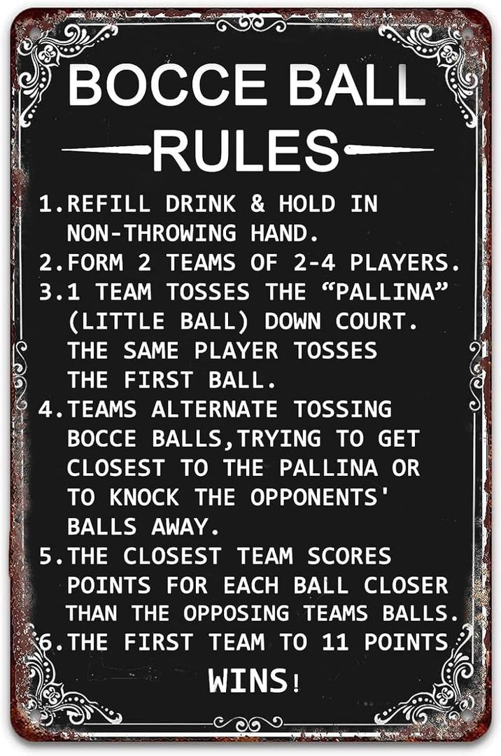 Bocce Ball Rules Funny Tin Sign Metal Signs Scoring Rules Men Poster Home Cafe Garage Man Cave Bar Farm Decor, 8x12 Inch