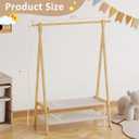 Kids Clothing Rack with 2 Fabric Shelves, Foldable Child Garment Stand with Hanging Rod, Small Dress Up Organizer, Bamboo (Natural)