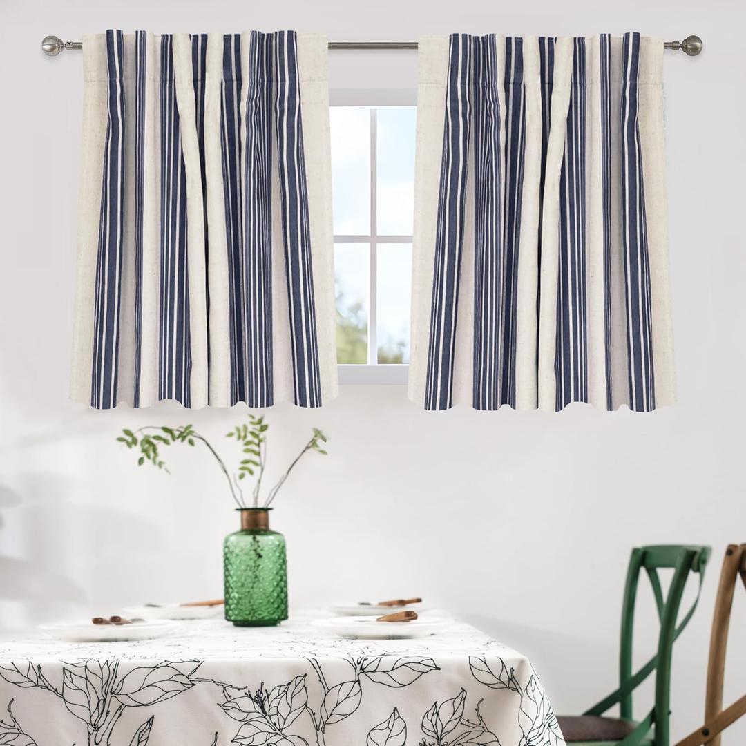 DriftAway Chris Linen Blackout Curtains with Thermal and Sound Reducing Layer 36 Inches Long for Bedroom Striped Printed Drapes Thermal Insulated Lined Window Treatment for Living Room Linen Dark Blue (52"W x 36"L (Pack of 2))