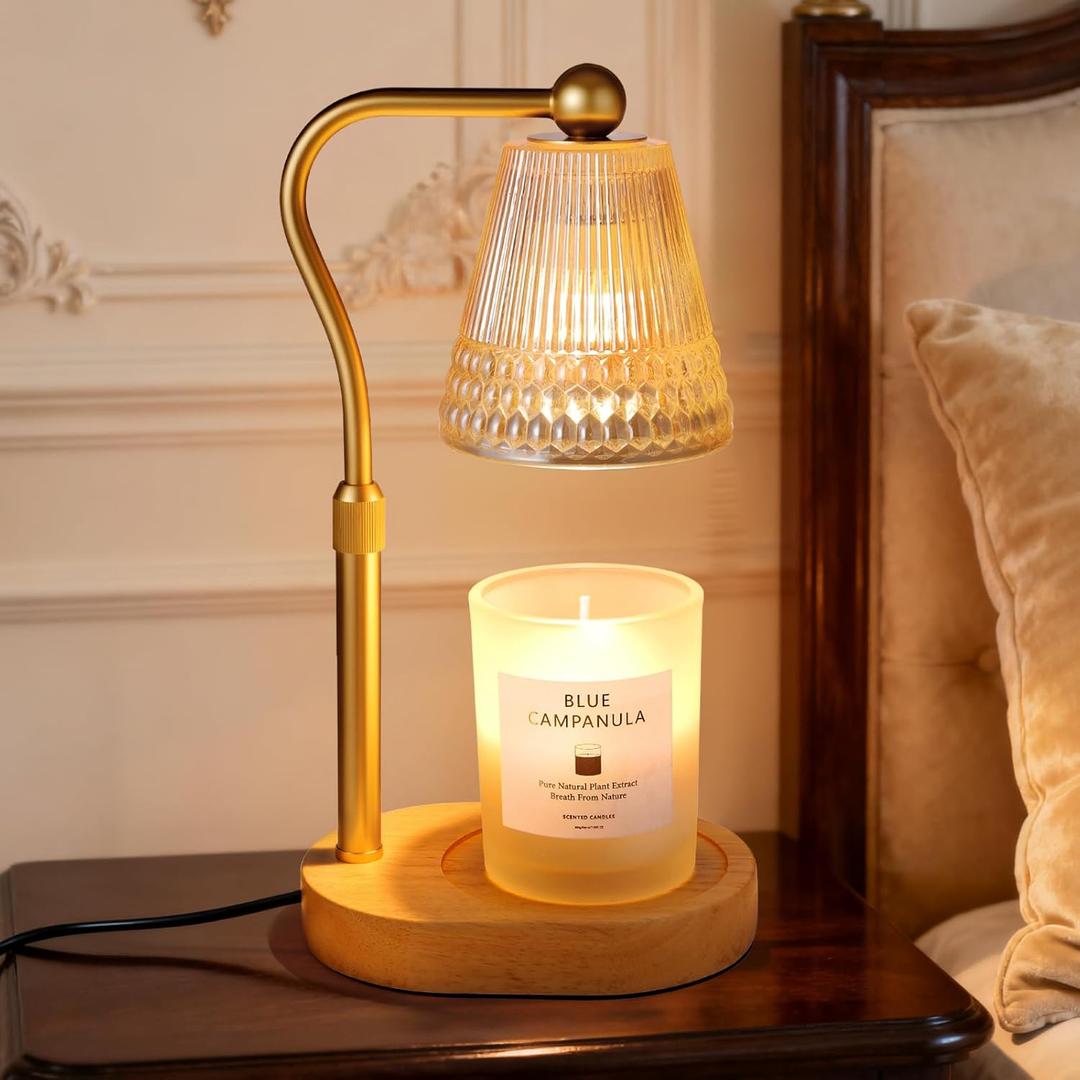 Candle Warmer Lamp, Adjustable Height & Dimmable, Candles with Timer, 2H/4H/8H Auto Off, Safe Flameless Night Light for Home Decor, Bedroom, Office, Christmas Birthday Gift for Women & Men (Amber-Wood)