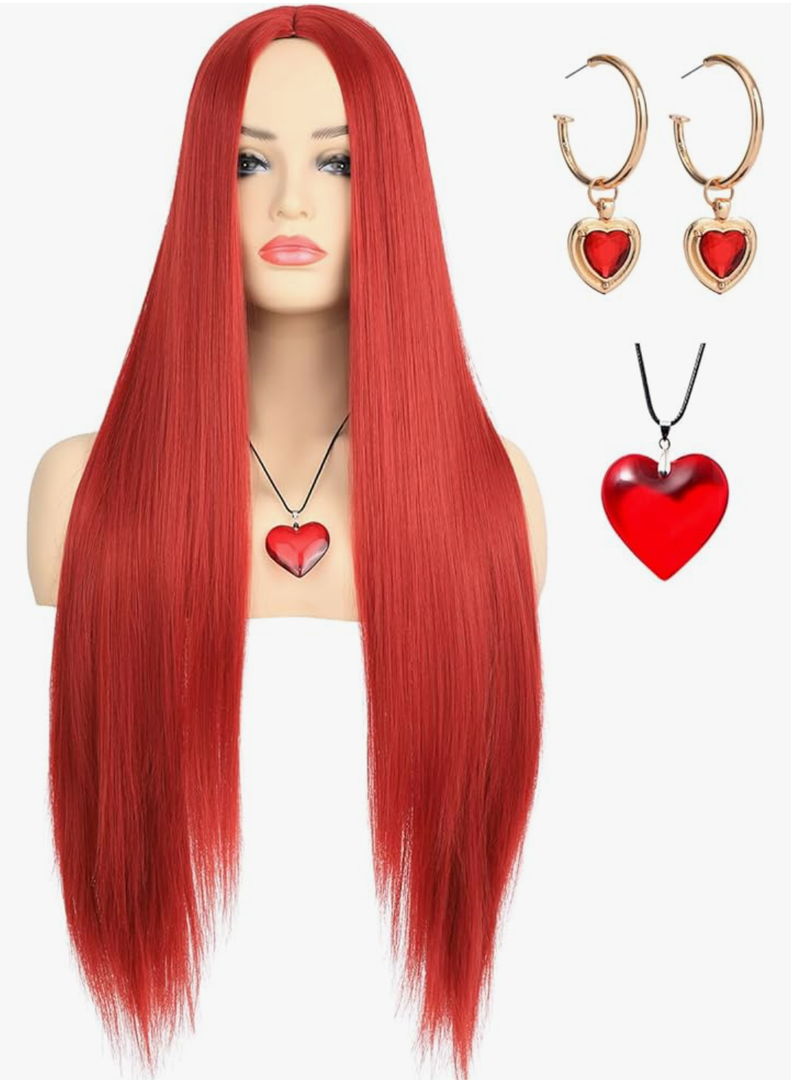 morvaly Womens Long Red Wig with Necklace and Earrings for Queen Costume Middle Part Deep Red Straight Hair Wigs for Adults Halloween Costume Cosplay