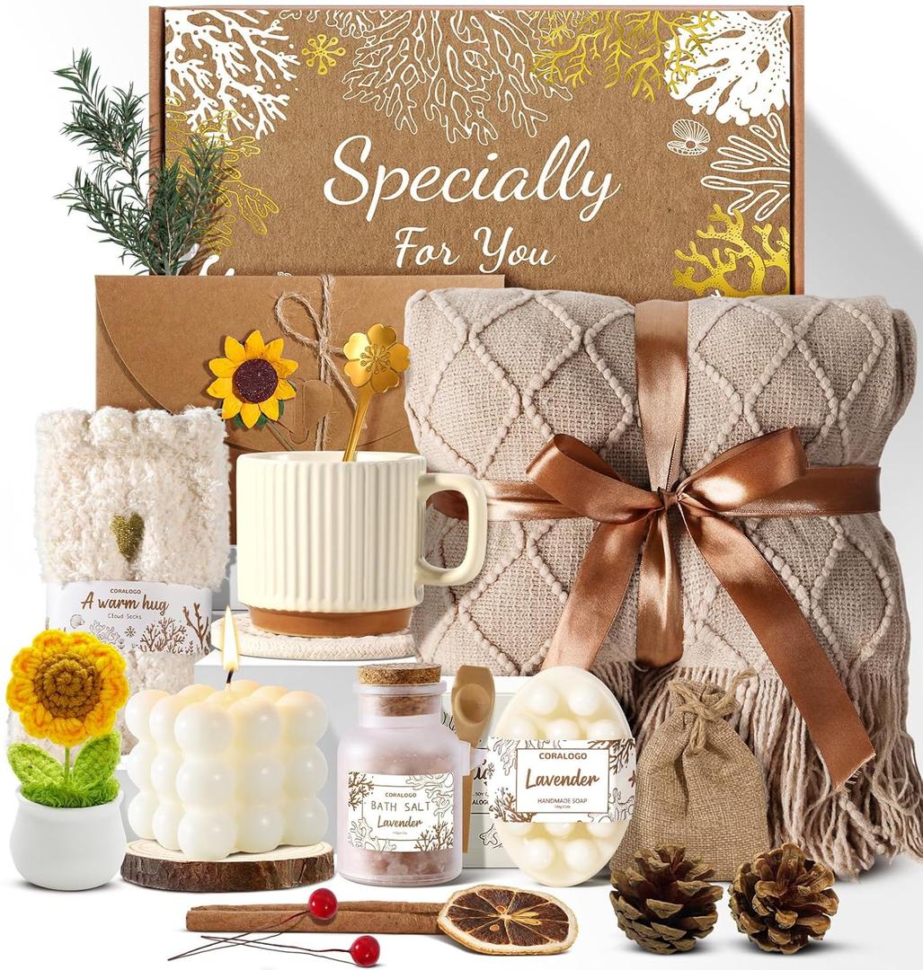 Coralogo Spa Gift Baskets for Women - Get Well Soon, Self Care, Relaxing Sunflower Gift Basket, 12pcs Spa Sets for Women, Luxury Gifts for Birthday Christmas Valentines Day Mothers Day