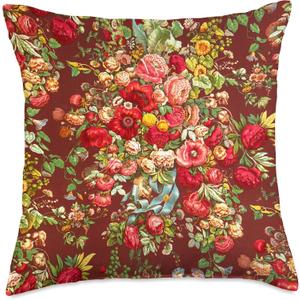 Vintage Burgundy Floral Chintz Flowers with Blue Ribbon Throw Pillow, 18x18