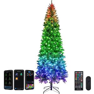 FANCILLUMA 9FT Prelit Christmas Tree with 550 LED Lights, App Controlled Artificial Christmas Tree with Multi-Color RGB Lights & Music Sync, Slim Pencil Christmas Tree for Home Christmas Decorations