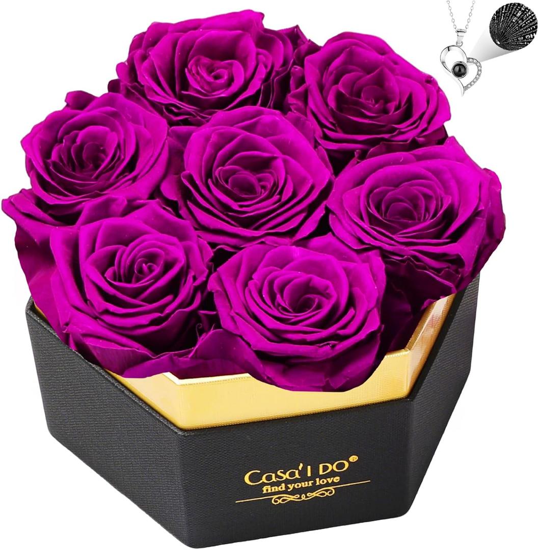 Casaido Preserved Roses Flowers for Delivery 7 Pcs, Mothers Day Rose Gifts for Her, Forever Flores in Box with Necklace, Anniversary Vanlentines Christmas Birthday Gift for Mom Wife Girlfriend, Purple