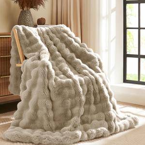 L'AGRATY Faux Rabbit Fur Blanket: 50" x 60" Luxury Soft Fluffy Thick Fur Throw Blanket for Couch Bed Sofa - Cozy Plush Bubble Blankets for Winter: Warm Flannel Fleece Decorative Blanket(Castle Grey)